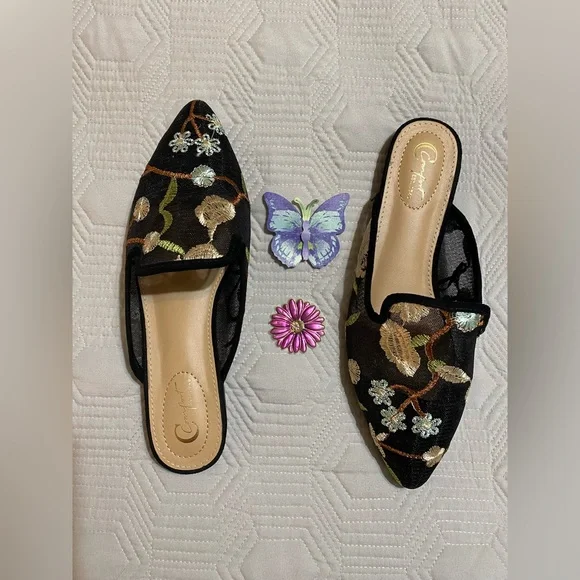 Black Mesh Floral Embroidered Mules Size 8 - Picture 3 of 7